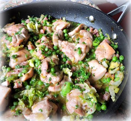 Skillet Chicken with Peas, Leeks and Bacon