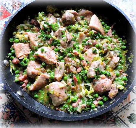 Skillet Chicken with Peas, Leeks and Bacon