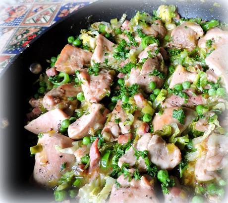 Skillet Chicken with Peas, Leeks and Bacon