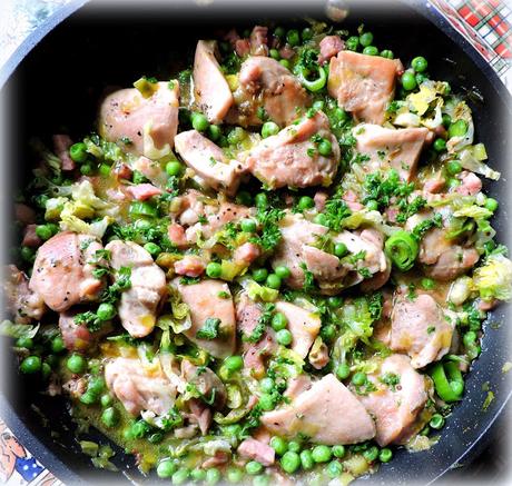 Skillet Chicken with Peas, Leeks and Bacon