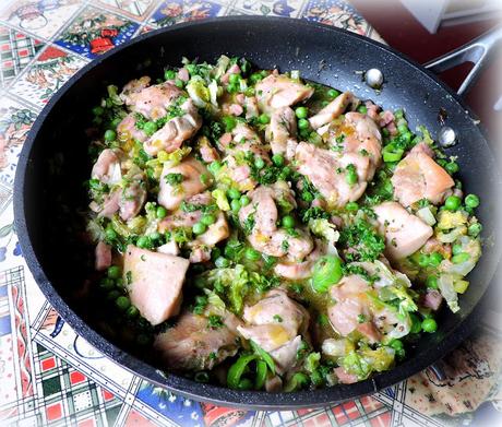 Skillet Chicken with Peas, Leeks and Bacon