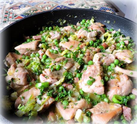 Skillet Chicken with Peas, Leeks and Bacon