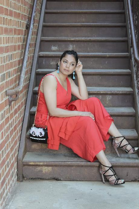 red jumpsuit, gap jumpsuit, street style, sugarfi bauble bar earrings, tassel earings, how to wer a red jumpsui9t, fashion blogger, mom style, color blocking, saumya 