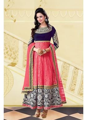 Pink & Blue Semi-Stitched Velvet & Net Party Wear Salwar Suit