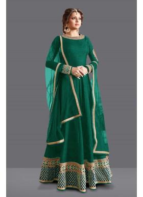 Drashti Dhami Rama Green Colour Bhagalpuri With Embroidery & Lace Work Anarkali Suit