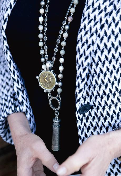 The Summer Jacket Susan B. at une femme d'un certain age wearing French Kande medallion necklaces