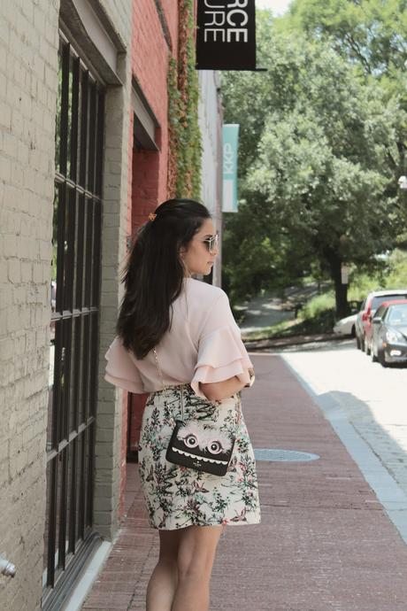 things to do in georgetown Dc, DC blogger, printed a line summer skirt, ruffle sleeve top , zara pink blouse , street style, casual white sneakers, myriad musings 