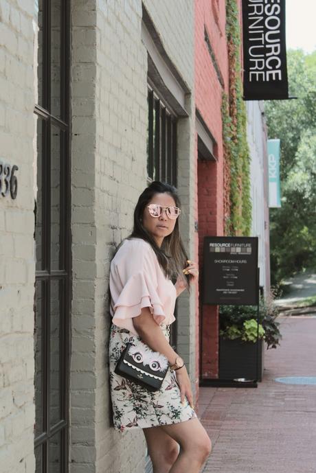 things to do in georgetown Dc, DC blogger, printed a line summer skirt, ruffle sleeve top , zara pink blouse , street style, casual white sneakers, myriad musings 