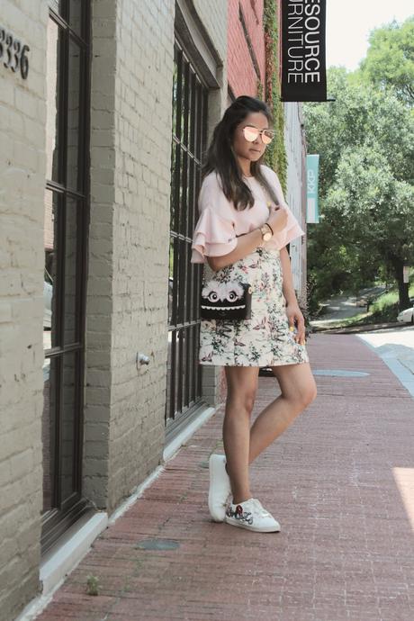 things to do in georgetown Dc, DC blogger, printed a line summer skirt, ruffle sleeve top , zara pink blouse , street style, casual white sneakers, myriad musings 