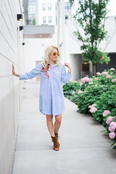 Blue and white striped shirt dress with rose embroidery for summer. 