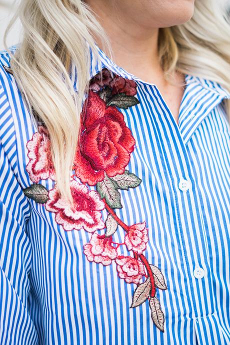 Blue and white striped shirt dress with rose embroidery for summer. 