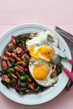 Cream of Mushroom Puree Fried Eggs with Butter-Fried Kale and Pork
