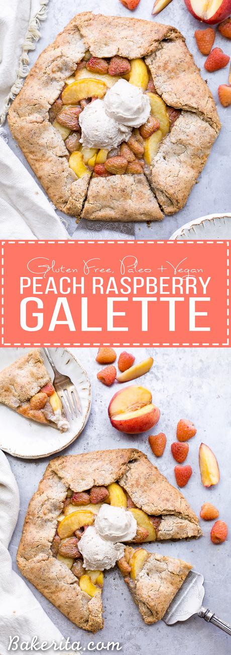 Peach Raspberry Galette (Paleo + Vegan) This Peach Raspberry Galette highlights two of summer's best fruits. The fresh peaches and raspberries are tucked into the flakiest paleo and vegan pie crust I've ever had!