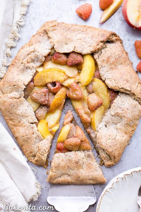 Peach Raspberry Galette (Paleo + Vegan) This Peach Raspberry Galette highlights two of summer's best fruits. The fresh peaches and raspberries are tucked into the flakiest paleo and vegan pie crust I've ever had!