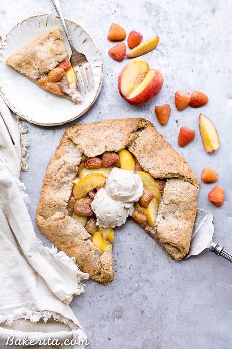 Peach Raspberry Galette (Paleo + Vegan) This Peach Raspberry Galette highlights two of summer's best fruits. The fresh peaches and raspberries are tucked into the flakiest paleo and vegan pie crust I've ever had!