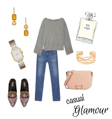 a casual outfit gets the glamour treatment with a pink bag and gold accessories - details at une femme d'un certain age