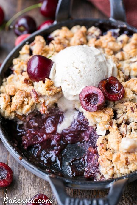 Cherry Crisp (Gluten Free, Paleo + Vegan) This Cherry Crisp has an irresistible grain-free crumble topping that will have your spoon diving in for more! It's a gluten-free, paleo, and vegan dessert that can be enjoyed all year round.