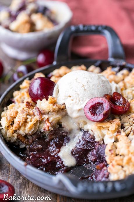 Cherry Crisp (Gluten Free, Paleo + Vegan) This Cherry Crisp has an irresistible grain-free crumble topping that will have your spoon diving in for more! It's a gluten-free, paleo, and vegan dessert that can be enjoyed all year round.