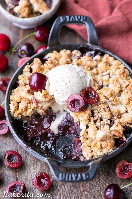 Cherry Crisp (Gluten Free, Paleo + Vegan) This Cherry Crisp has an irresistible grain-free crumble topping that will have your spoon diving in for more! It's a gluten-free, paleo, and vegan dessert that can be enjoyed all year round.