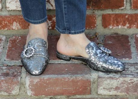 Outfit: Going Baroque style blogger Susan B. wears silver brocade mules with rhinestone accents