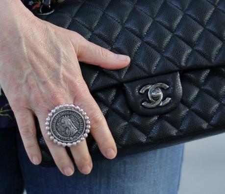 Outfit: Going Baroque details: style blogger Susan B. wearing French Kande silver ring with vintage French medallion and Chanel classic flap bag