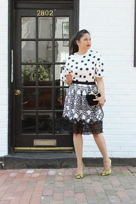 how to wear polka dots and lace, black and white, classic, summer, fashion, ootd, ann taylor lace skirt, street style, blogger, saumya, zara polka dots, myriad musings 