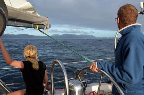 Safety on board: preventer setup on Totem whale spout sailboat sailing ocean mountains