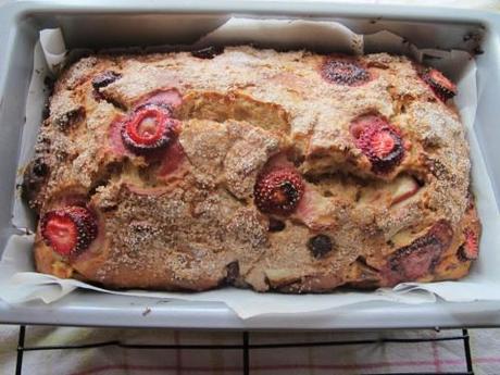 Banana and stone fruit bread image taken from above
