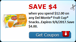 Save $4.00 when you spend $12.00 on any Del Monte® Fruit Cup® Snacks..Expires 9/6/2017.Save $4.00.