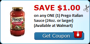 Save $1.00 on any ONE (1) Prego Italian Sauce (24oz. or larger) (Available at Walmart)