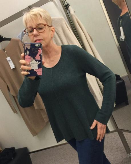 style blogger Susan B. tries on an Eileen Fisher merino wool sweater from the Nordstrom Anniversary Sale.