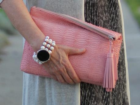 Same Dress, New Look… Loeffler Randall fringe clutch and French Kande pearl bracelet. Details at une femme d'un certain age.