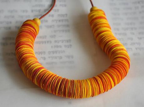 Orange and Yellow Paper Necklace with Glass Beads and Leather Cord by My Paper Tale Orange and Yellow Paper Necklace with Glass Beads and Leather Cord by My Paper Tale