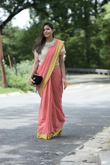 how to wear sari, indian , khadi, cotton love, fashion, style , fusion wear, indian blogger, street style, statement necklace, myriad musings 
