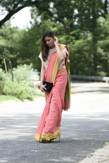 how to wear sari, indian , khadi, cotton love, fashion, style , fusion wear, indian blogger, street style, statement necklace, myriad musings 
