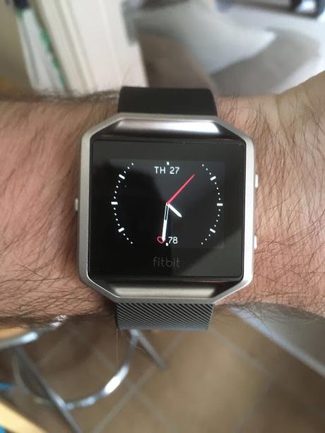 Fitbit Blaze on my wrist (Ace clock face shown)