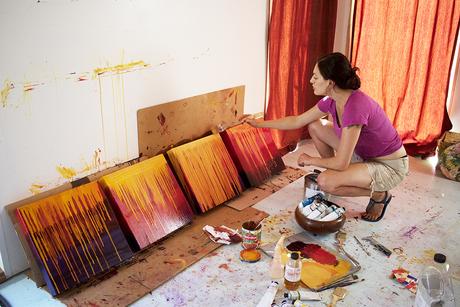 Four New Resin-Coated Lotus Paintings Artist Cedar Lee working in the studio, July 2017