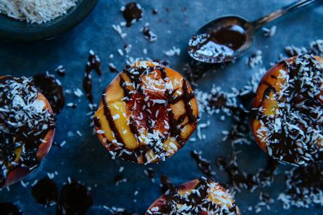 Healthy Sweets: Chocolate Drizzled Peaches with Bourbon Whipped Cream