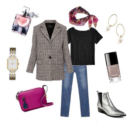 Casual outfit with long tweed jacket, fuchsia bag, metallic boots. Details at une femme d'un certain age.