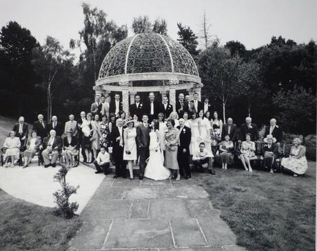 large group shot of family and friend with bride and groom at a wedding at the Hillbark Hotel