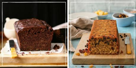 Chocolate banana loaf and wholewheat fruit loaf. 