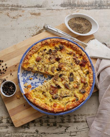 Bacon and mushroom quiche with cheese base. 