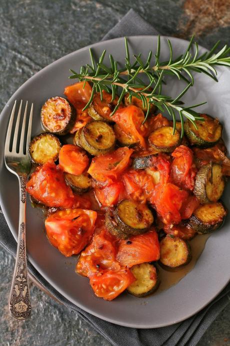 Pan fried vegetables with tomatoes and baby marrows. 