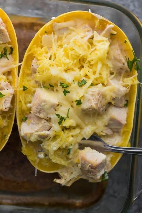 This Lemon Chicken Spaghetti Squash recipe can be pre-baked and stored in the fridge for an easy meal prep dinner.  When you're ready for a delicious, low carb dinner, throw it all together and bake it up!  