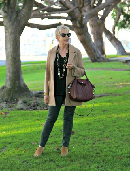Fall outfit featuring J.Crew sweater jacket and Longchamp bag. Details at une femme d'un certain age.