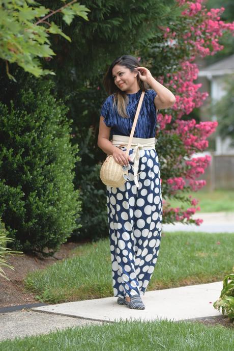 how to wear velvet, fall trend, polka dot wide leg pants, street style, outfit of the day, fashion blogge, indian fashion, straw bag, stripe blue mules, loafers, saumya shiohare 