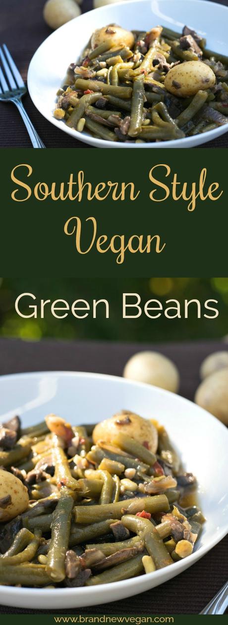 These Southern Style Vegan Green Beans still have that country flavor with the addition of Mushroom Bacon...slow simmered all day long....mmm good eating' !