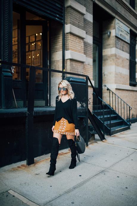 Fall style inspiration; sweaters with skirts and over the knee boots 