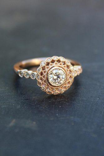 engagement ring rose gold art deco halo diamond round cut