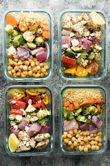 Prep these chickpea buddha bowls and Greek chicken wraps all at the same time for some variety in your meal prep lunches, ready in under 45 minutes!  No more eating the same thing for four days in a row!